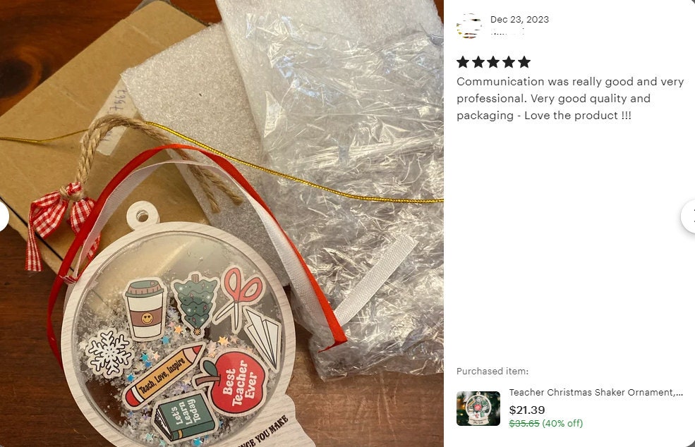 Teacher Christmas Shaker Ornament, Personalized Teacher Gifts, Teacher Ornament Thank You Gifts, Teacher Appreciation Gift, End of Year Gift