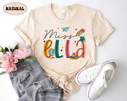 A personalized teacher graphic with Mrs. Smith written in colorful letters using icons like a globe, pencil, and books with fun details like a paper airplane.