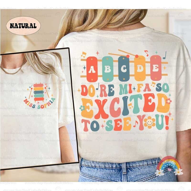 Colorful text graphic with musical notes and whimsical elements.
Words &quot;DO RE MI FA SO EXCITED TO SEE YOU!&quot; using a mix of uppercase letters in various colors.
Friendly and cheerful style, suitable for educators or music enthusiasts.