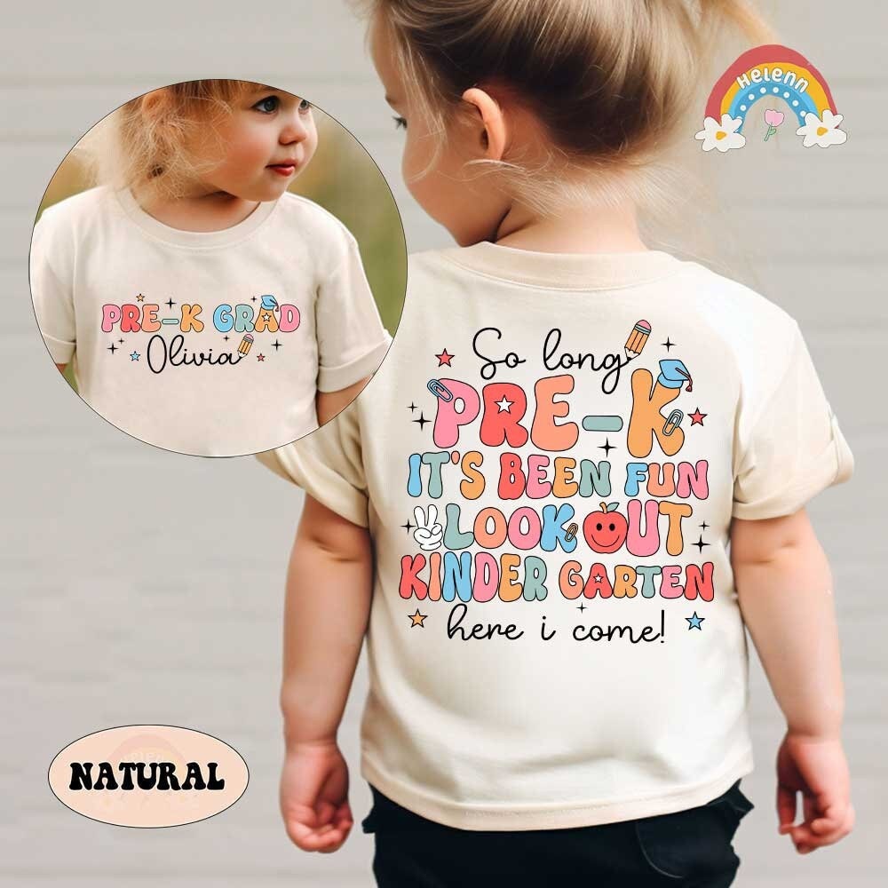 The graphic is a vibrant tribute to the completion of pre-K, spelling out PRE-K IT&#39;S BEEN FUN LOOK OUT KINDERGARTEN in a rainbow of colors, embellished with educational symbols and stars