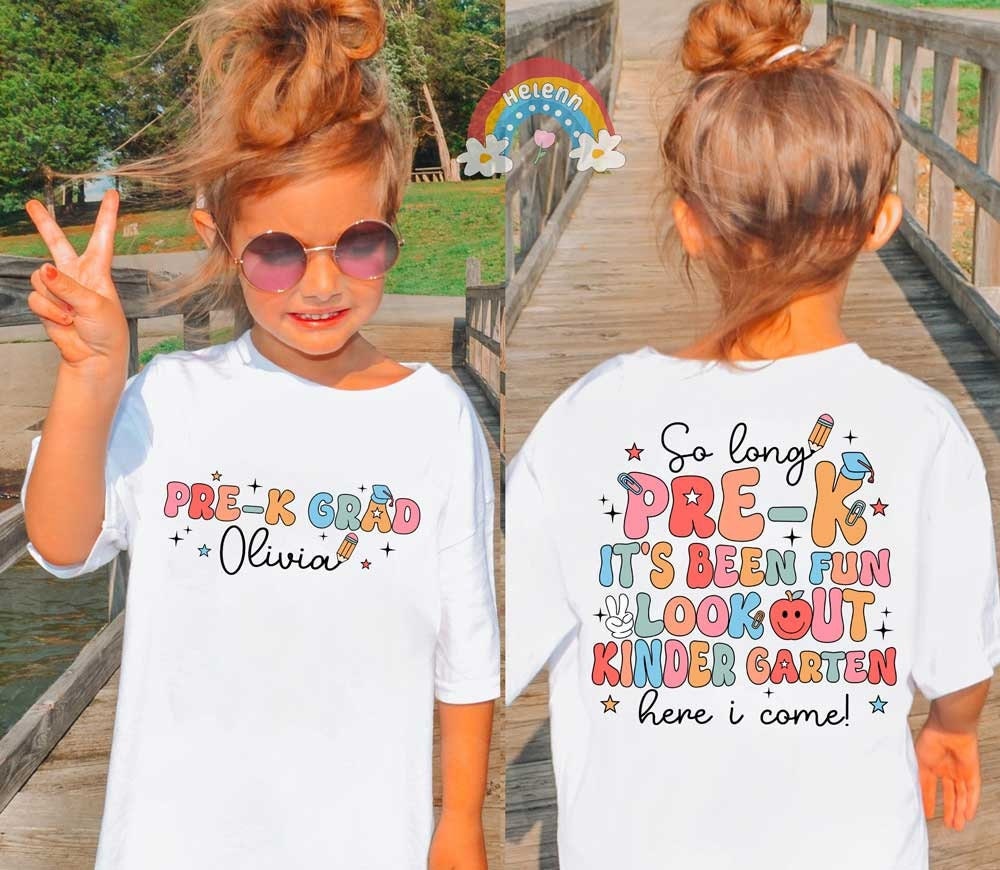 A medley of pastel letters forms the message PRE-K IT&#39;S BEEN FUN LOOK OUT KINDERGARTEN, dotted with playful school motifs like a peace sign and a smiling apple.