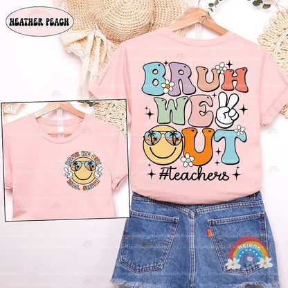 The playful design showcases BRUH WE OUT in multi-toned bubble letters, each decorated with a simple daisy, while a cheerful sun with beach-themed sunglasses adds a whimsical touch.