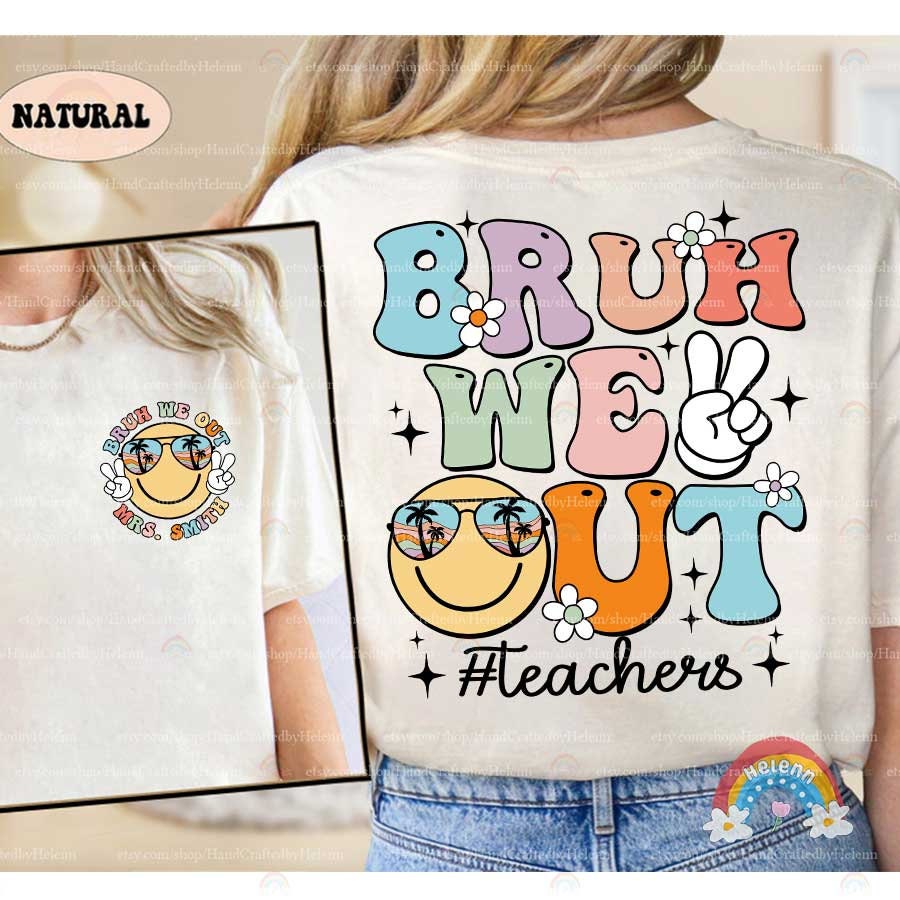 Casual and fun, the image presents BRUH WE OUT in a series of pastel letters decorated with white flowers, complemented by a sun flashing a peace sign and wearing shades that reflect a tropical scene.