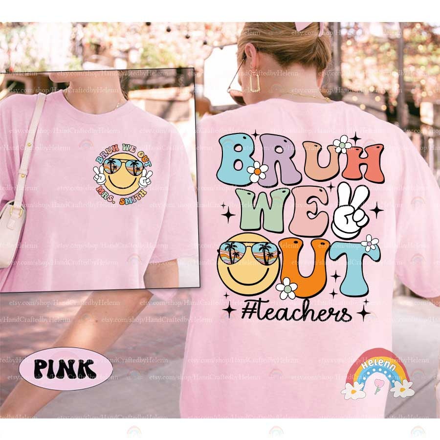 BRUH WE OUT is creatively displayed using vibrant, colorful letters with flower accents, alongside a relaxed sun character featuring sunglasses that reflect a serene palm beach, giving off a joyful summer escape vibe.