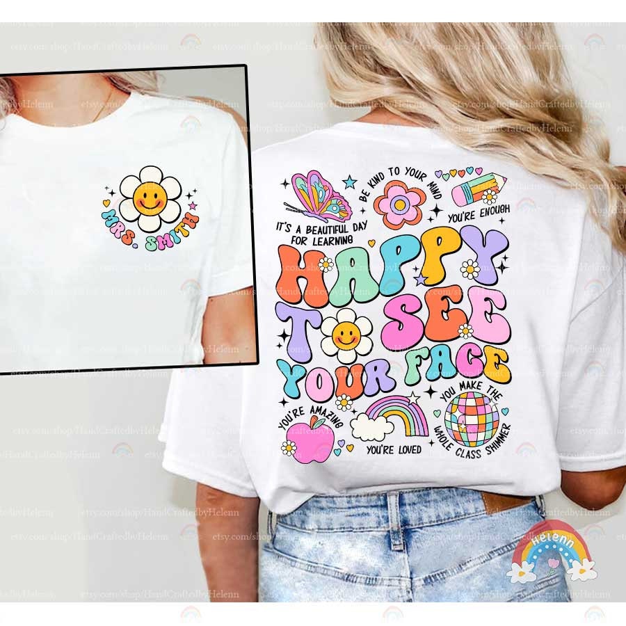 A cheerful message, HAPPY TO SEE YOUR FACE, is presented in a spectrum of bold and pastel hues, interspersed with charming icons like a smiling daisy, a pastel butterfly, and a stylized rainbow, all set against a dark backdrop.