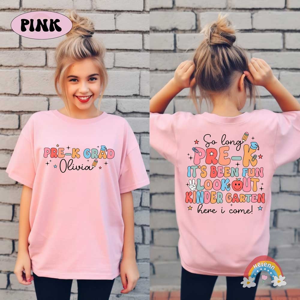 Brightly colored letters joyously announce PRE-K IT&#39;S BEEN FUN LOOK OUT KINDERGARTEN, interspersed with an apple, a pencil, and whimsical stars, celebrating the next step in early education