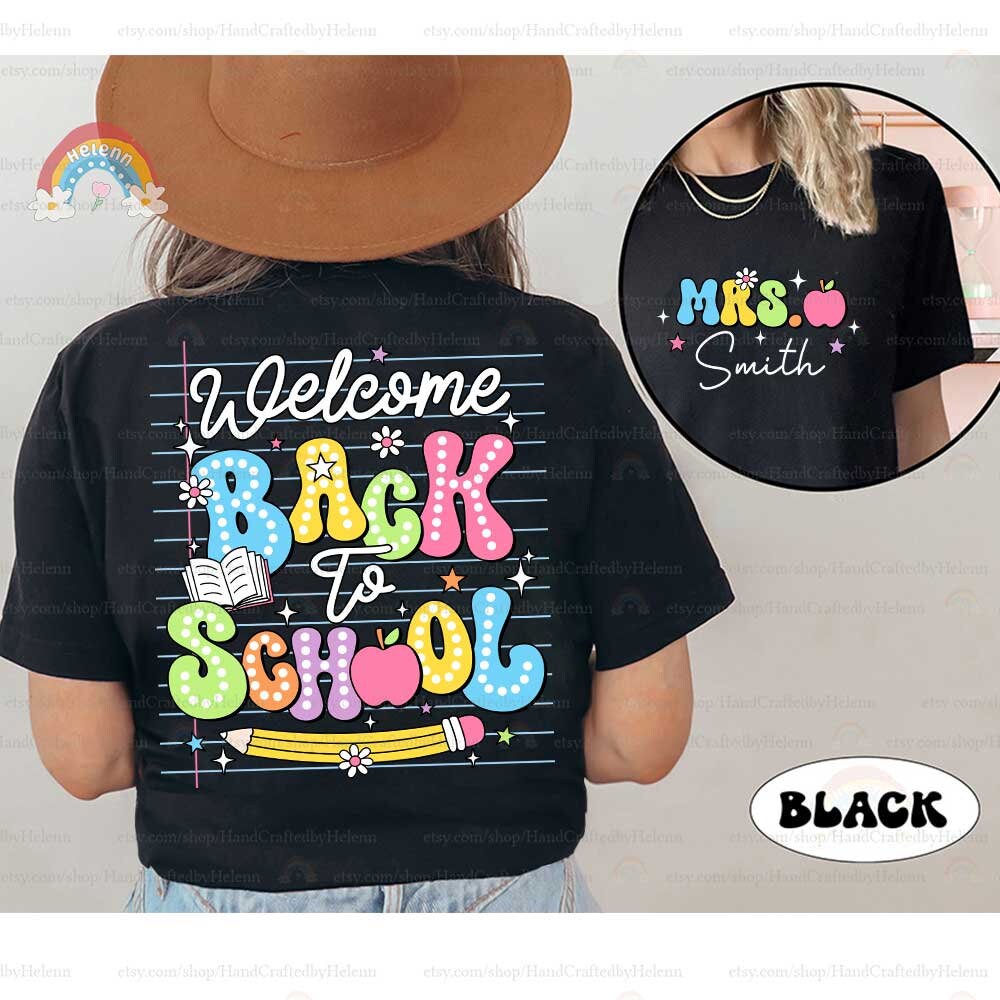 The design uses a faux notebook backdrop, enhancing the school-ready theme with fun, polka-dotted typography and playful images including a book and a flower-adorned pencil.