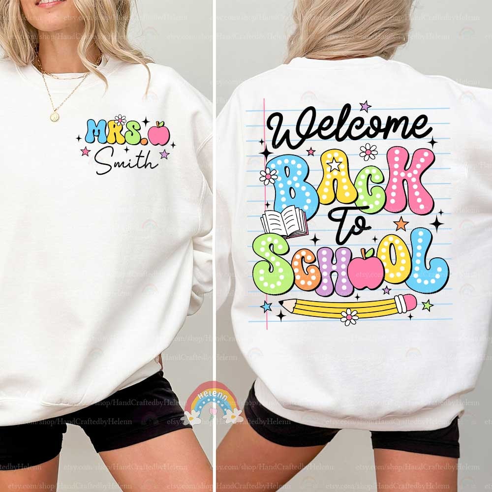 This cheerful school-themed graphic combines dotted and striped letters with educational icons such as a globe and a pink flower, creating an engaging and colorful welcome for students.