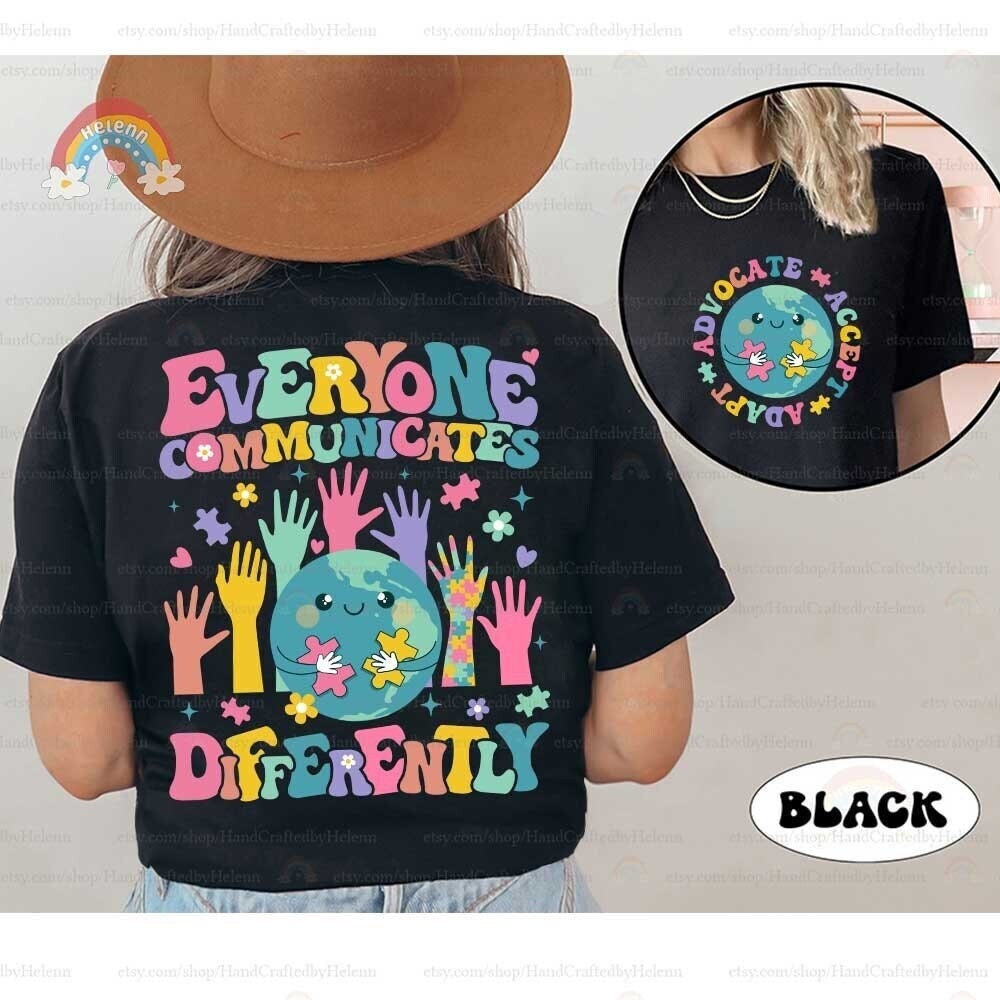 The illustration encapsulates the beauty of diverse interactions with a central globe character piecing together puzzles, encircled by a variety of vibrant hands reaching in, all beneath the guiding words EVERYONE COMMUNICATES DIFFERENTLY