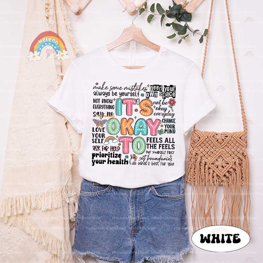 This illustration promotes positivity with It&#39;s Okay To crafted in dotted typography, accentuated by playful natural elements and the affirming message to Change Your Mind, embodying a message of mental flexibility and support.