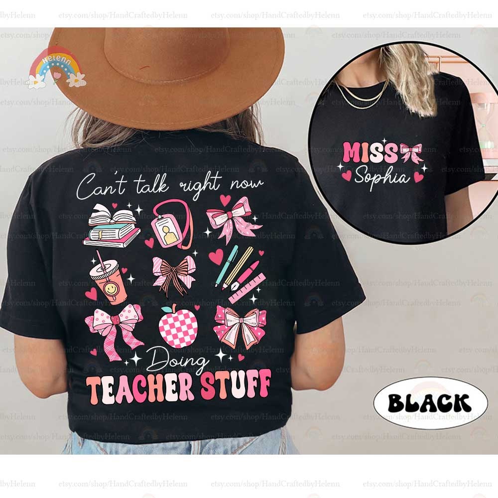 TEACHER STUFF is written in rosy letters at the bottom of an image filled with quintessential teaching icons such as cheerful bows, stationery, and a smiling drink cup, showcasing the love for the profession.