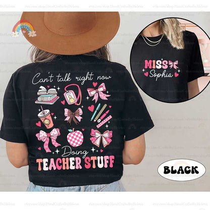 TEACHER STUFF is written in rosy letters at the bottom of an image filled with quintessential teaching icons such as cheerful bows, stationery, and a smiling drink cup, showcasing the love for the profession.
