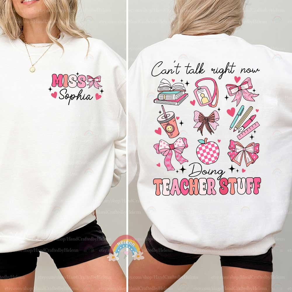 An affectionate tribute to teaching, the graphic features the phrase TEACHER STUFF beneath a collection of charming illustrations, including a polka-dotted apple and pink-hued classroom items.