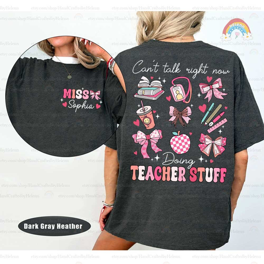 A delightful montage of TEACHER STUFF in bright pink letters is surrounded by symbols of education and teacher identity, like a cheerful coffee cup and stylish classroom accessories, symbolizing the passion and personal touch teachers