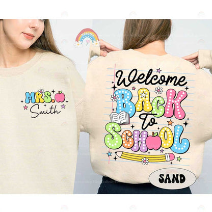 Bright polka dots and stars adorn the letters that form Back to School, paired with cute drawings like a smiling apple and a pencil, set against a dark lined paper background to evoke a classic notebook feel.