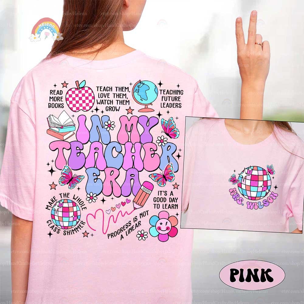 An artistic expression of the teaching profession, using bright, eye-catching colors and whimsical elements like a globe, a patterned apple, and lively butterflies.