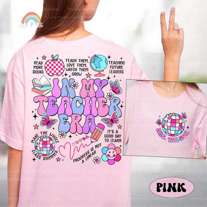 An artistic expression of the teaching profession, using bright, eye-catching colors and whimsical elements like a globe, a patterned apple, and lively butterflies.