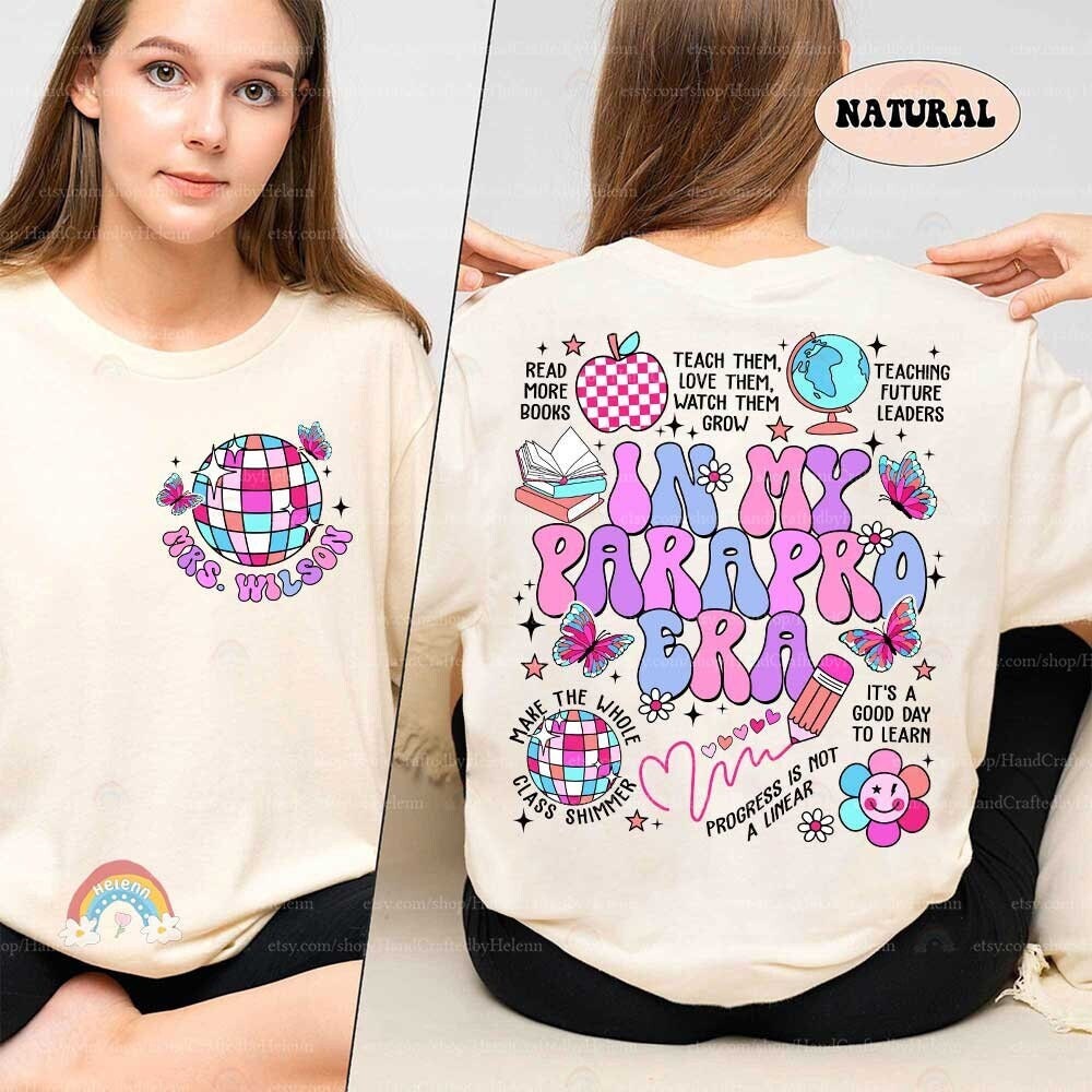 A vibrant and colorful design celebrating the paraprofessional era in education, adorned with playful symbols such as butterflies, a globe, and a smiling flower.