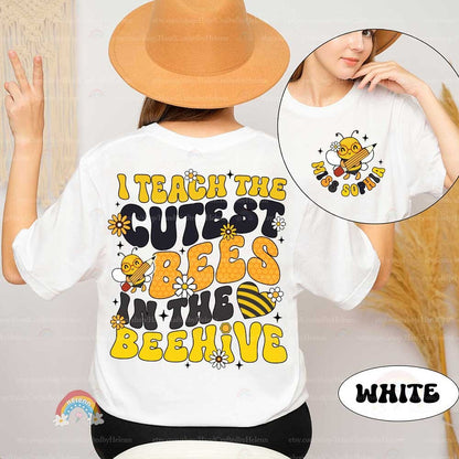 A joyful expression of classroom pride with a cartoon bee holding a pencil, set amongst large yellow text and floral accents on a dark backdrop.