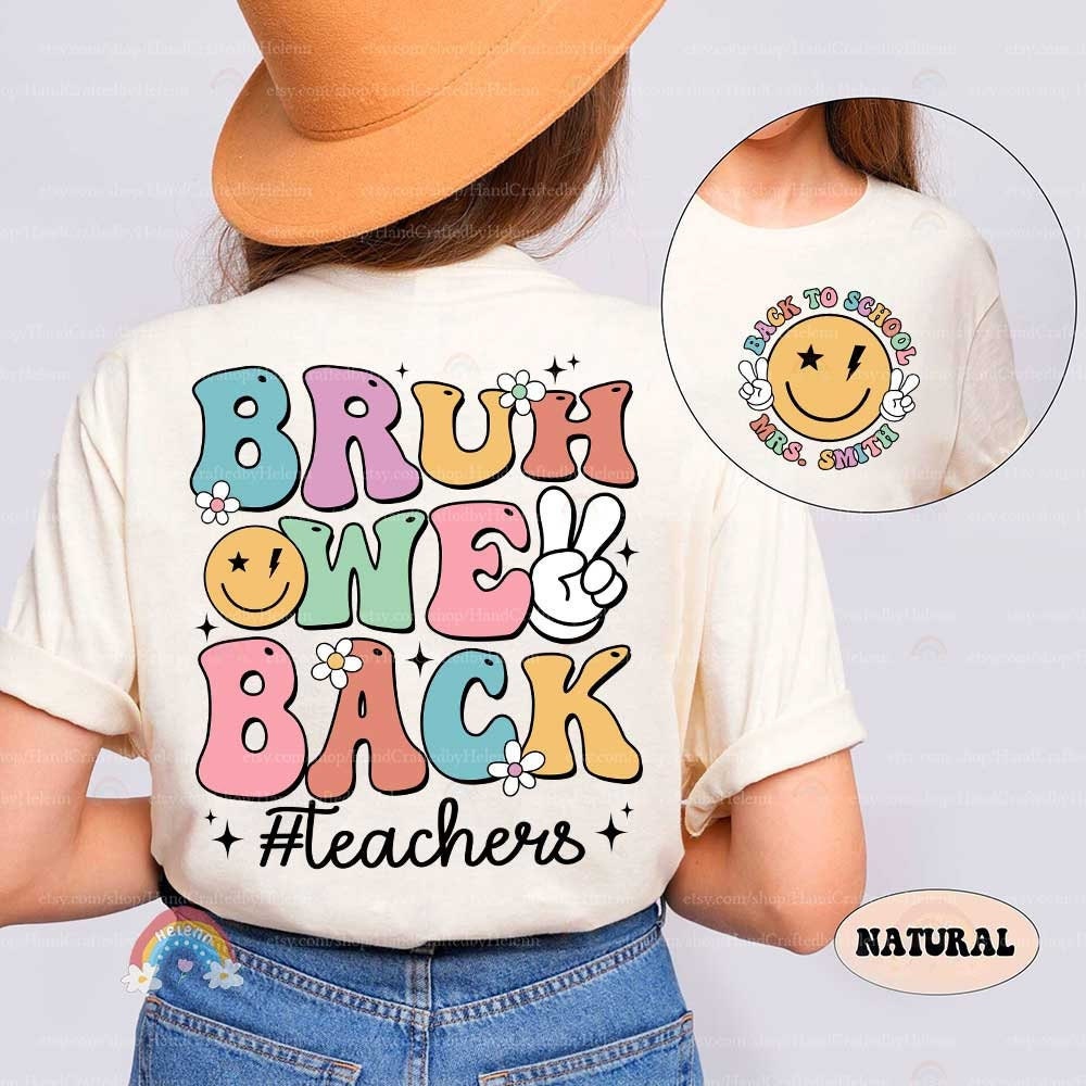 A charming teacher’s Natural t-shirt that contrasts a minimalist front design with a vibrant, engaging back, complete with floral accents and a bee, making it a fun choice for school events.