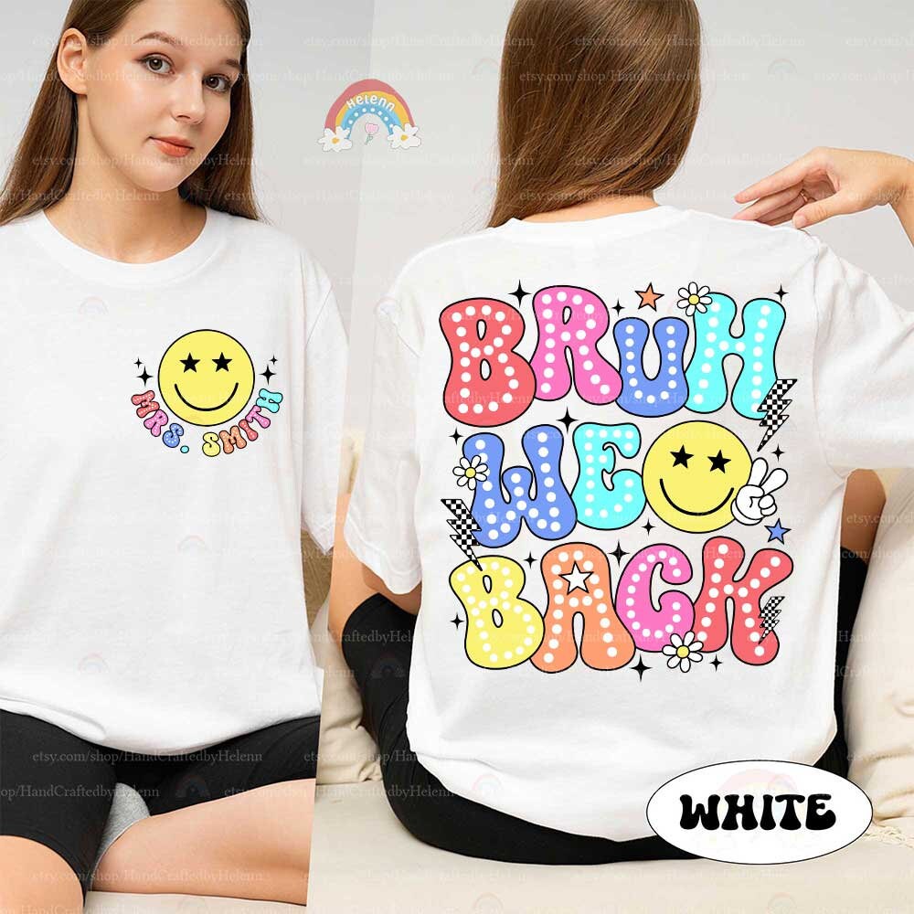 A fun-loving graphic that uses colorful letters filled with various patterns like polka dots and stripes to spell out Bruh We Back, complemented by cartoonish icons like a smiley face and sparkling stars.