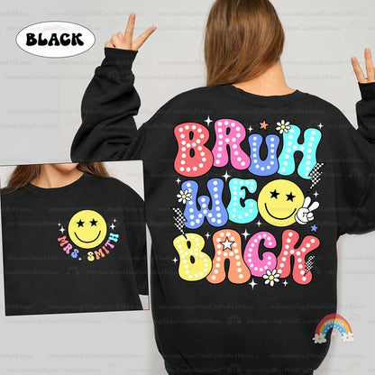 A vibrant and cheerful design featuring the phrase Bruh We Back in playful, polka-dotted and patterned letters, complete with star accents and a smiling face making a peace sign.