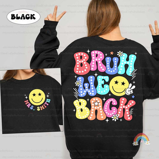 A vibrant and cheerful design featuring the phrase Bruh We Back in playful, polka-dotted and patterned letters, complete with star accents and a smiling face making a peace sign.