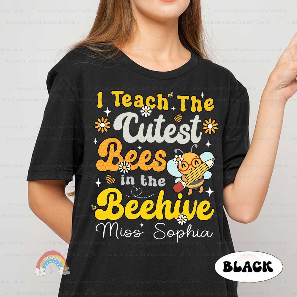 A joyful expression of classroom pride with a cartoon bee holding a pencil, set amongst large yellow text and floral accents on a dark backdrop.