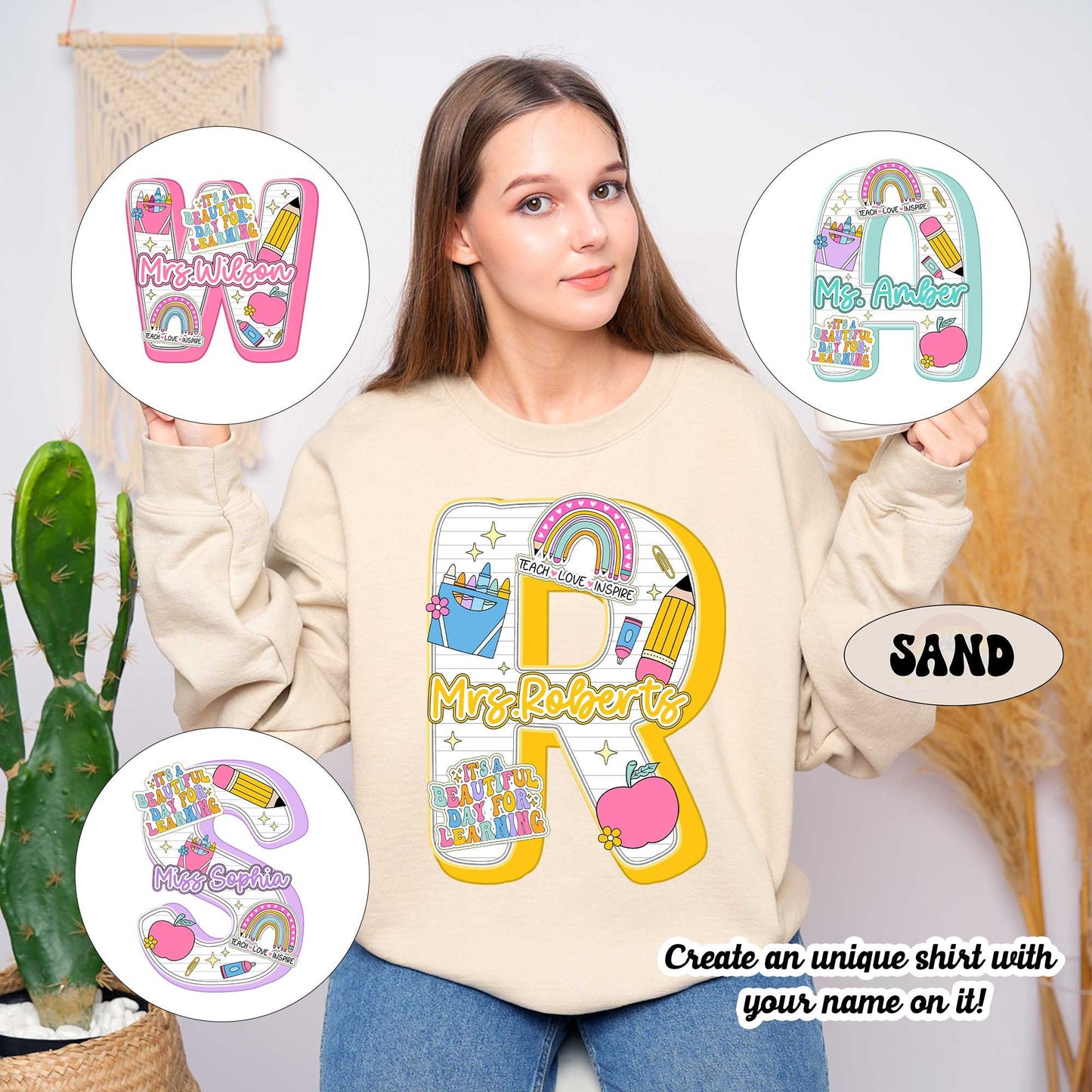 A delightful and spirited design that celebrates teaching with symbols like a rainbow and a notebook, intertwined with the name Miss Sophia to personalize the cheerful message about learning.