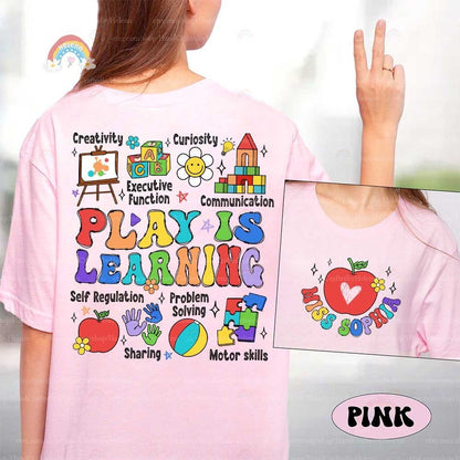 An inviting and bright graphic that celebrates the concept of learning through play, complete with illustrations of a puzzle, colorful blocks, and playful handprints that represent the tactile experiences crucial for early learning.