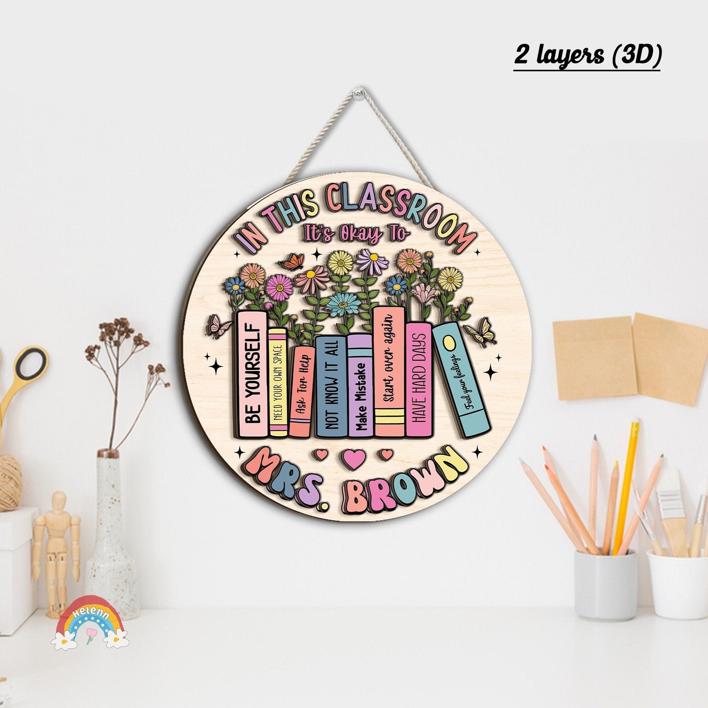 This circular classroom door sign for Mrs. Brown features a welcoming design with an array of colorful flowers and books labeled with affirmations such as being oneself, making mistakes, and taking risks, setting a positive and accepting tone