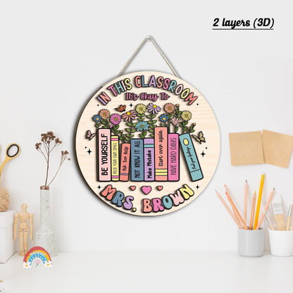 This circular classroom door sign for Mrs. Brown features a welcoming design with an array of colorful flowers and books labeled with affirmations such as being oneself, making mistakes, and taking risks, setting a positive and accepting tone