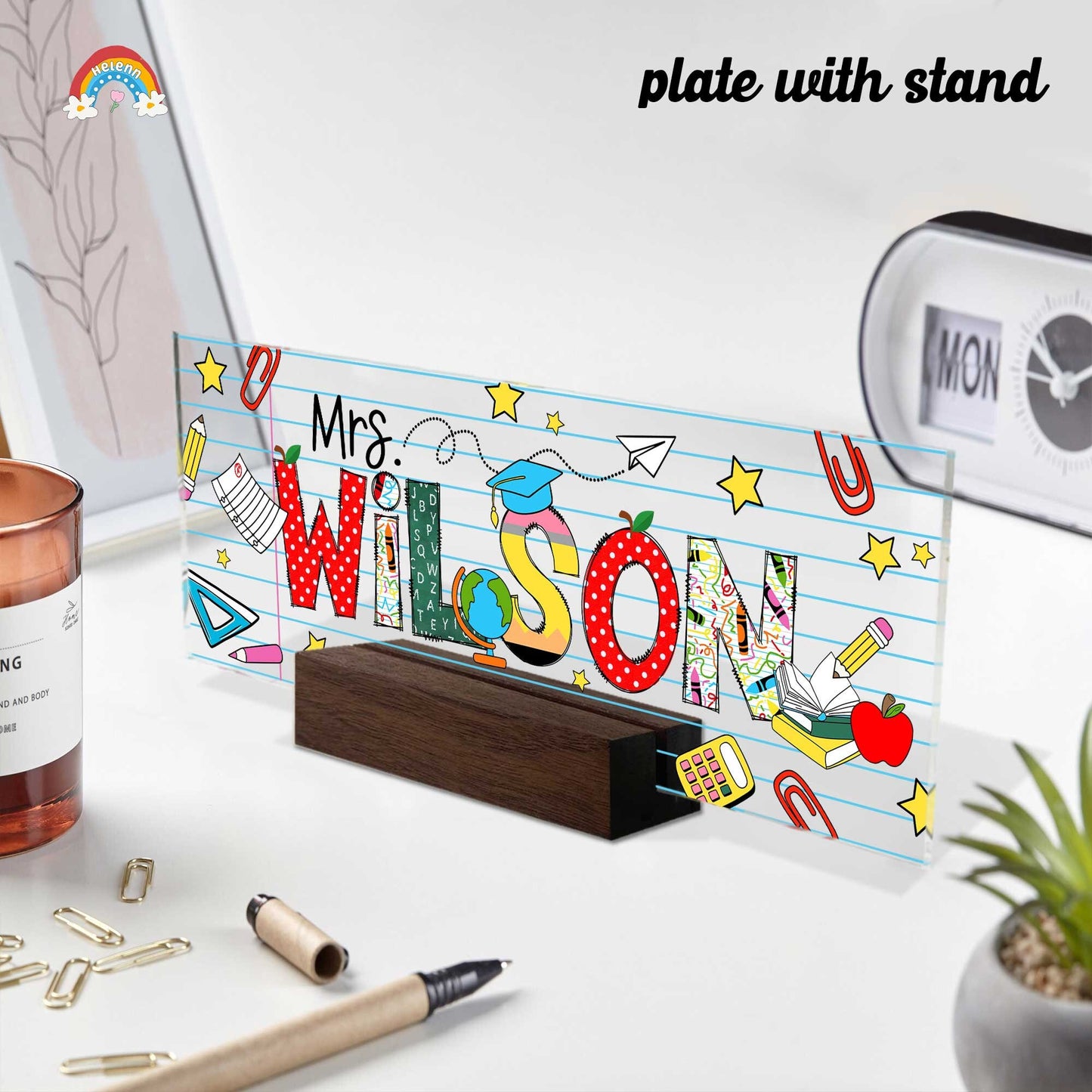 The backdrop of the name block features a soft, pastel-striped pattern, adorned with doodles of stars and paper airplanes that add a playful, creative flair.