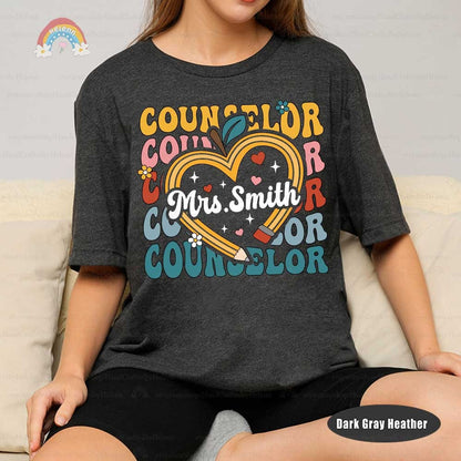 Festive and colorful school counselor appreciation artwork that uses the name Mrs. Smith and a heart-shaped apple to express gratitude and recognition for her contributions.