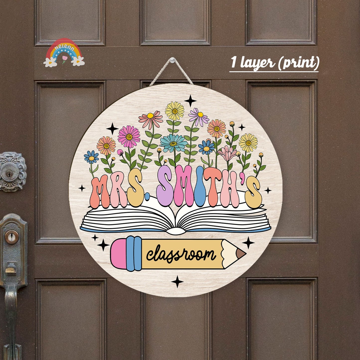 This decorative sign serves as a beautiful classroom identifier for Mrs. Smith, featuring a creative 3D effect with floral illustrations and book motifs, suggesting a lively and engaging learning space.