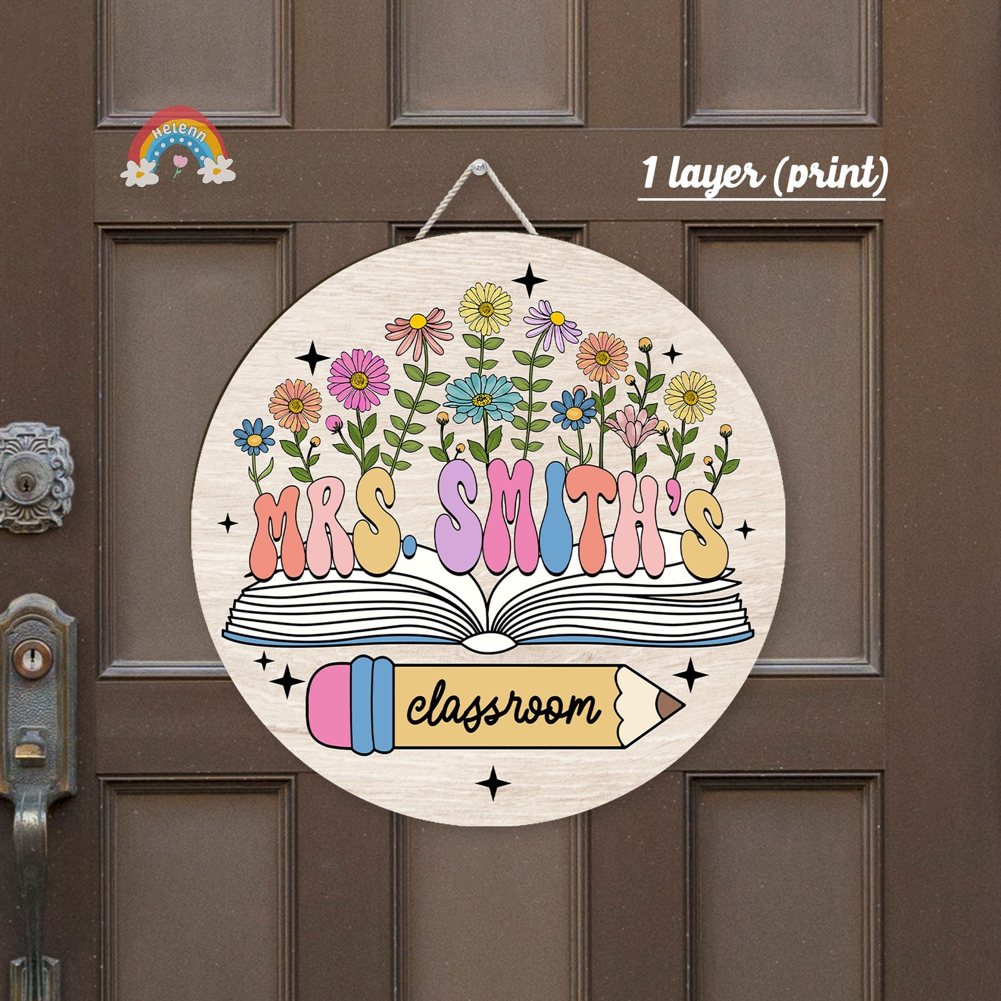 This decorative sign serves as a beautiful classroom identifier for Mrs. Smith, featuring a creative 3D effect with floral illustrations and book motifs, suggesting a lively and engaging learning space.