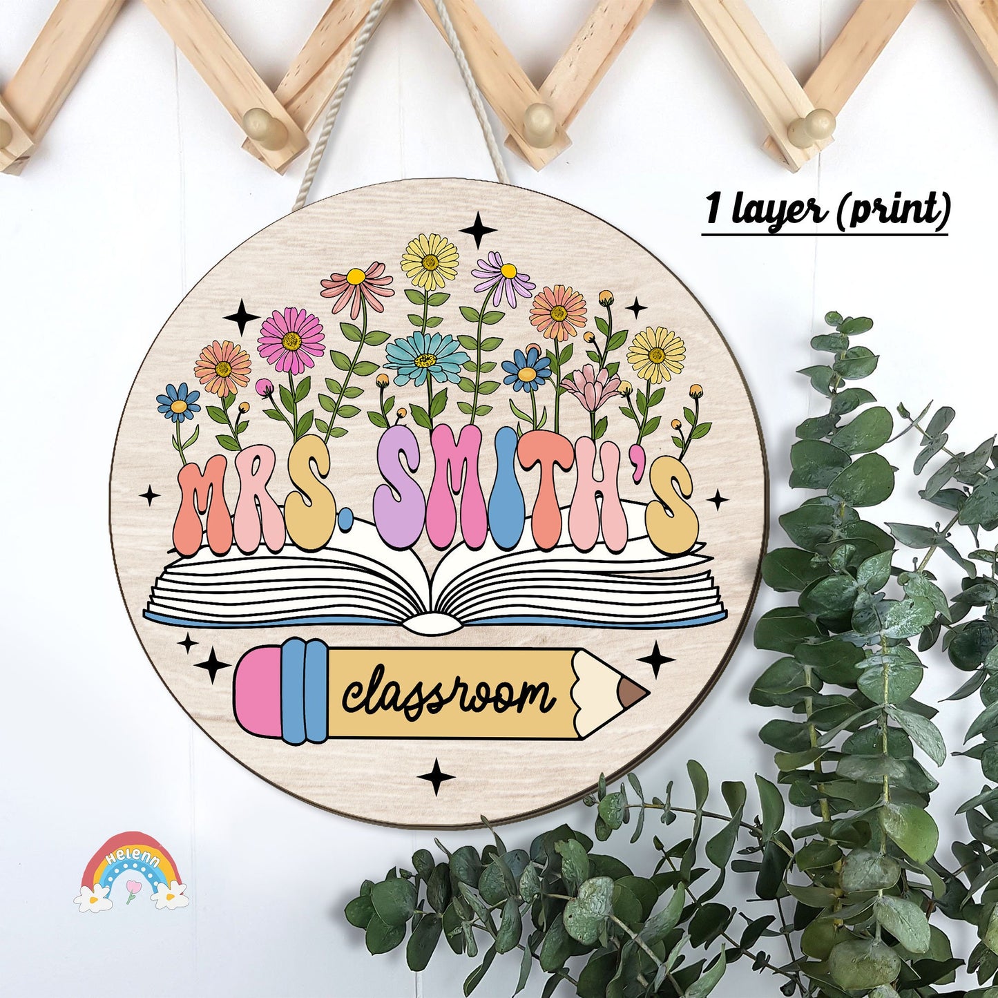 This welcoming sign hangs on a door, inviting students into Mrs. Smith&#39;s classroom. It features a rustic wooden round plaque with a colorful, three-dimensional design of flowers and books, symbolizing growth and education.