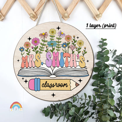 This welcoming sign hangs on a door, inviting students into Mrs. Smith&#39;s classroom. It features a rustic wooden round plaque with a colorful, three-dimensional design of flowers and books, symbolizing growth and education.