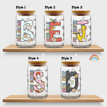 Personalized Teacher 16oz Glass Can, Custom Name Teacher Tumbler Iced Coffee Cup, Teacher Gift Back To School, Teacher Appreciation Gifts