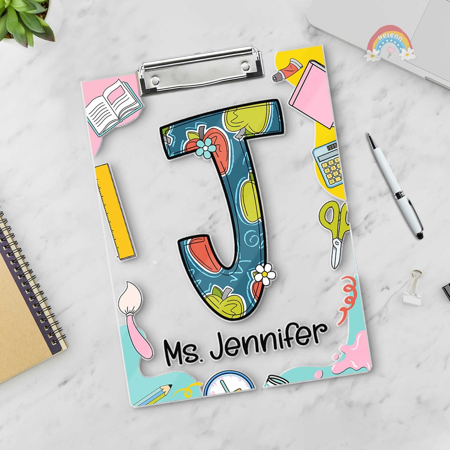 A playful and educational design featuring the letters S and B on decorated clipboards Each letter has a unique pattern and the clipboards are enhanced with items like books and pencils along with the teacher&#39;s name at the bottom