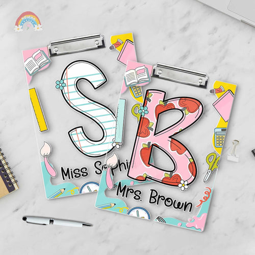 A playful and educational design featuring the letters S and B on decorated clipboards Each letter has a unique pattern and the clipboards are enhanced with items like books and pencils along with the teacher's name at the bottom