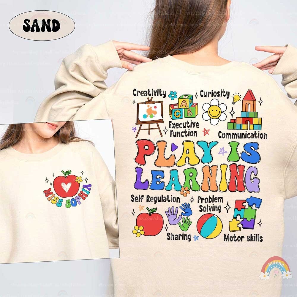 The image presents a fun and bright message about learning through play, featuring various educational toys and symbols like a set of colorful building blocks, a smiling sun, and an apple, which symbolize joyful and interactive learning experiences.