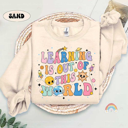 Bright and cheerful artwork illustrating the joy of discovery in learning, with playful space elements including a rocket and a friendly Earth character.