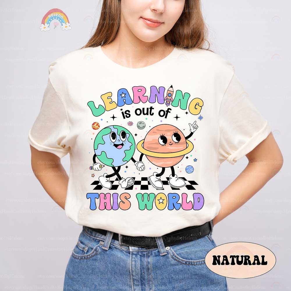 Bright and cheerful artwork illustrating the joy of discovery in learning, with playful space elements including a rocket and a friendly Earth character.