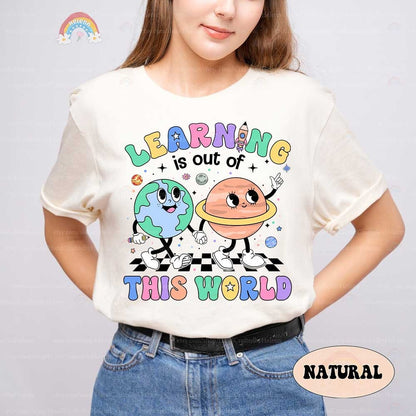 Bright and cheerful artwork illustrating the joy of discovery in learning, with playful space elements including a rocket and a friendly Earth character.