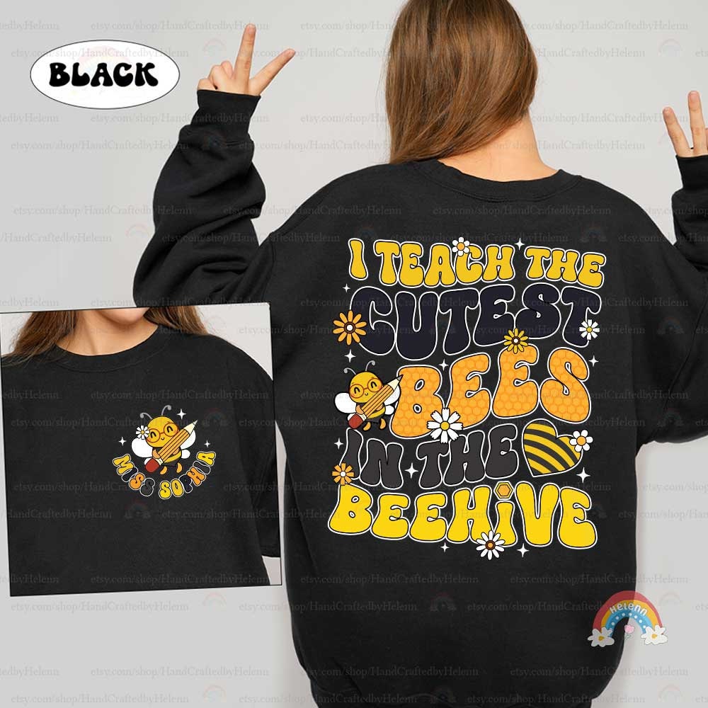 A creative and cute representation of a teaching theme, featuring a musically inclined bee character, vibrant yellow text, and decorative elements like flowers and a honeycomb heart.