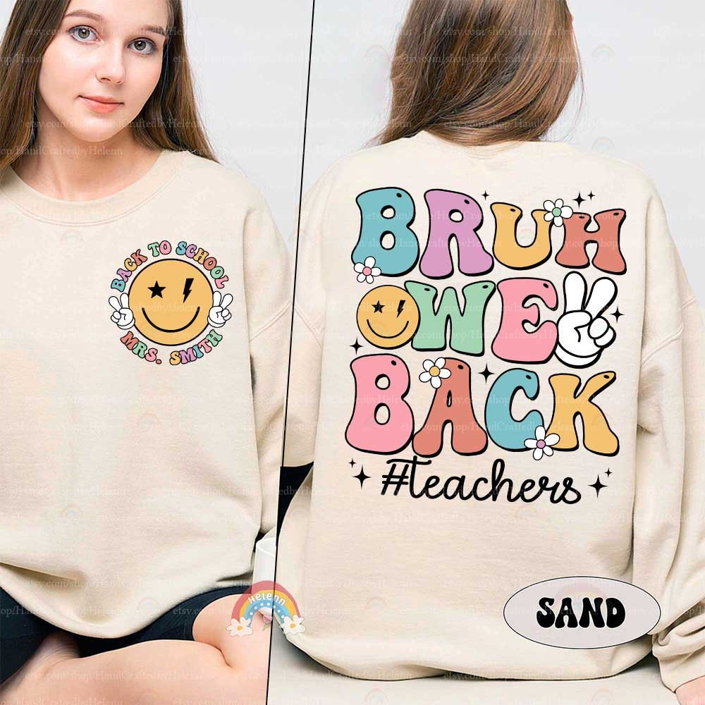 A fun and spirited teacher-themed t-shirt that sports a cheerful design on the back with multicolored text and playful graphics, perfect for back-to-school.