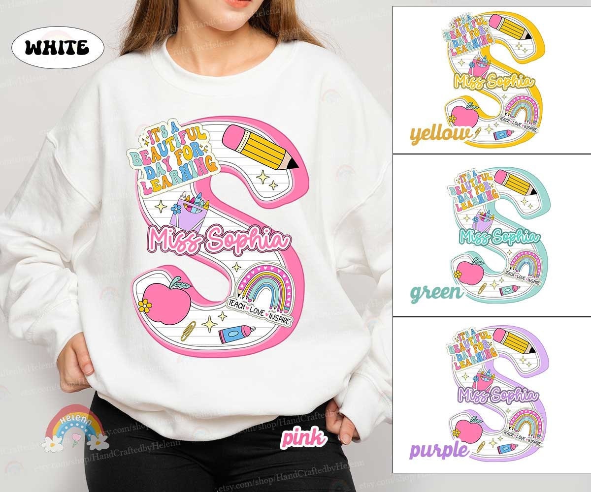 An attractive layout with the name set against a backdrop of school-themed illustrations including a rainbow and stars, perfect for a teacher with a lively personality.