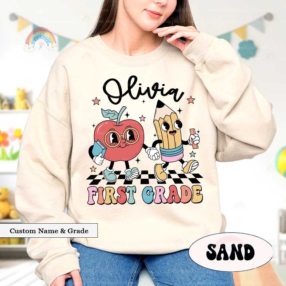 Fun and creative grade-specific labels showcasing a smiling pencil and apple duo, each representing a different school grade and customizable for any student’s name.