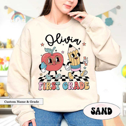 Fun and creative grade-specific labels showcasing a smiling pencil and apple duo, each representing a different school grade and customizable for any student’s name.